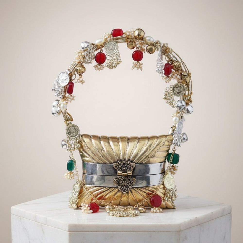 Maharani Antique Metal Nano Bag with Coins & Ghungroo Detailing