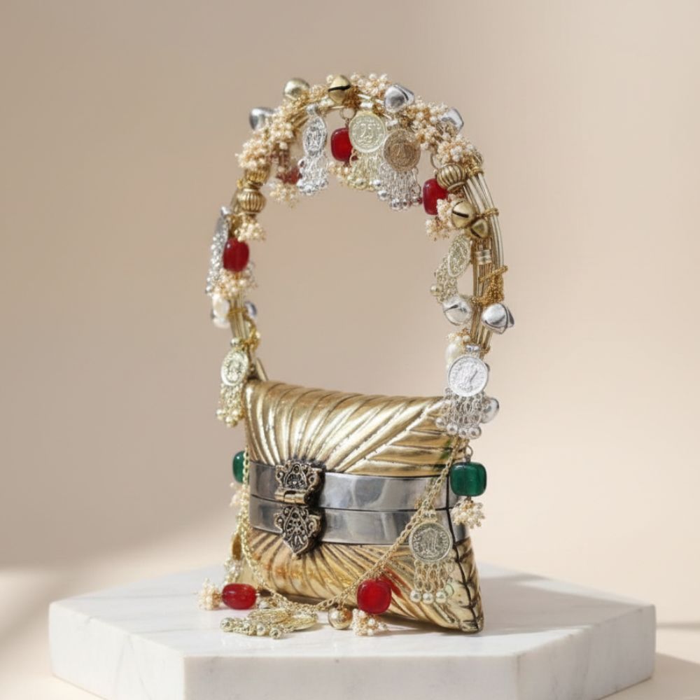 Maharani Antique Metal Nano Bag with Coins & Ghungroo Detailing