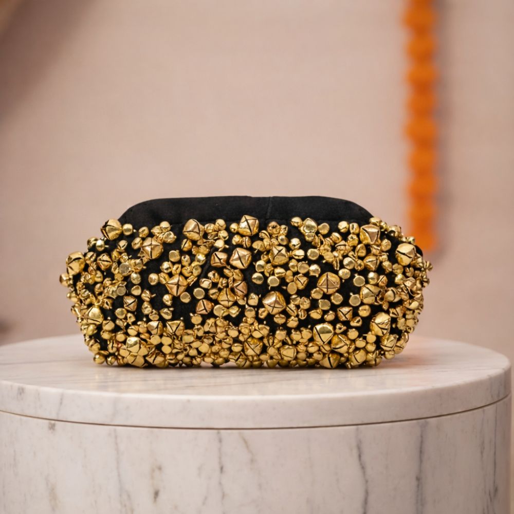 Black Velvet Ghungroo Embellished Evening Clutch