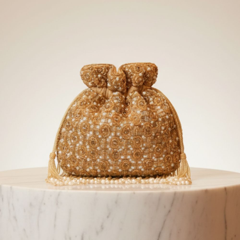 Jodha Handcrafted Potli Bag – Luxury Pearl & Thread Work