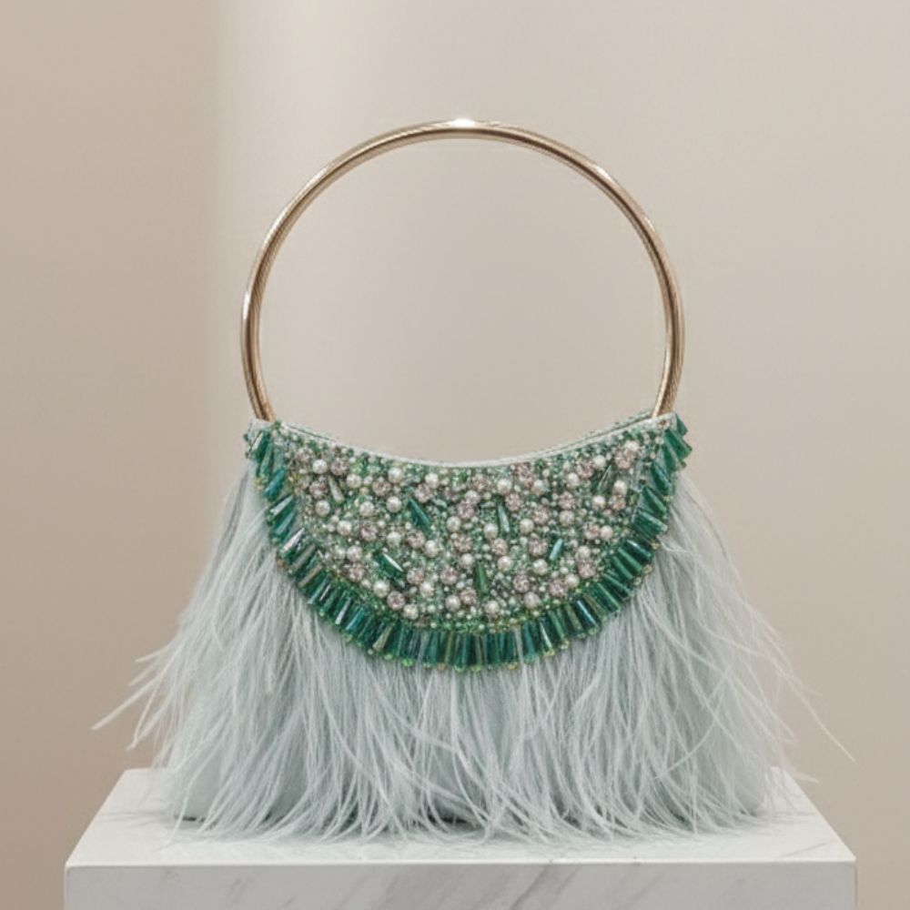 Feather Moon Bag – Handcrafted Pearl & Stone Statement Clutch