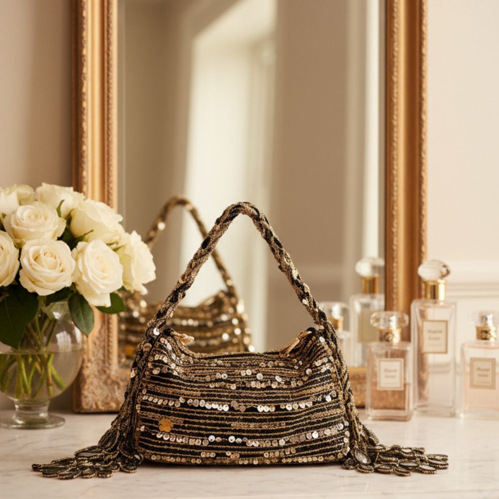 Black Shesham Batua – Handcrafted Mirror Work Evening Potli Bag