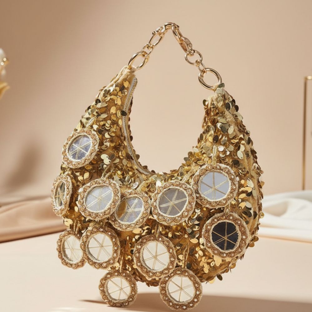 Mirror Moon Bag – Handcrafted Gold Mirror & Stone Embellished Phone-Fit Bag