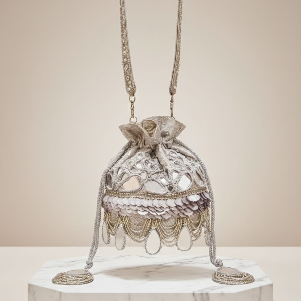 White Shesham Mirror Potli Bag