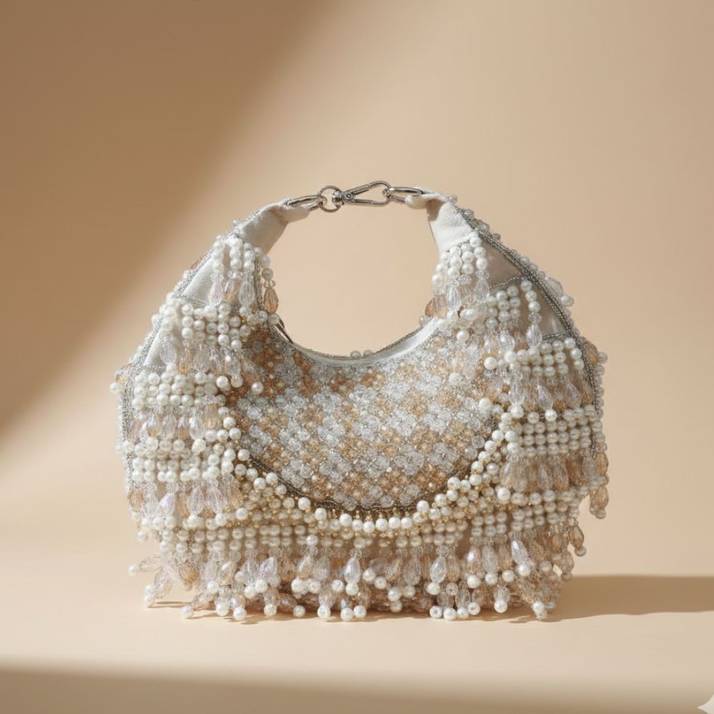 Rooh Crystal & Pearl Handbag | Luxury Velvet Beaded Bag by Mitela