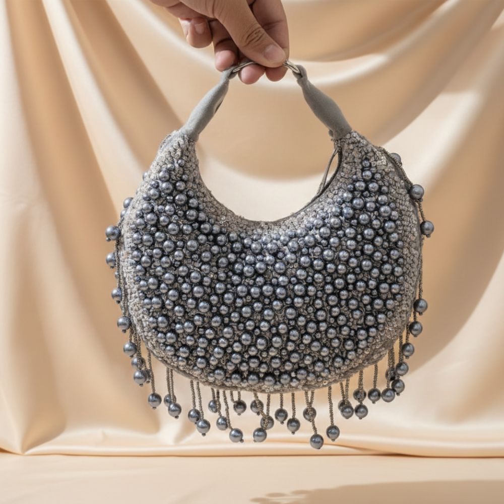 Kainaat Pearl Bag – Handcrafted Velvet Pearl Statement Bag | Mitela Bags