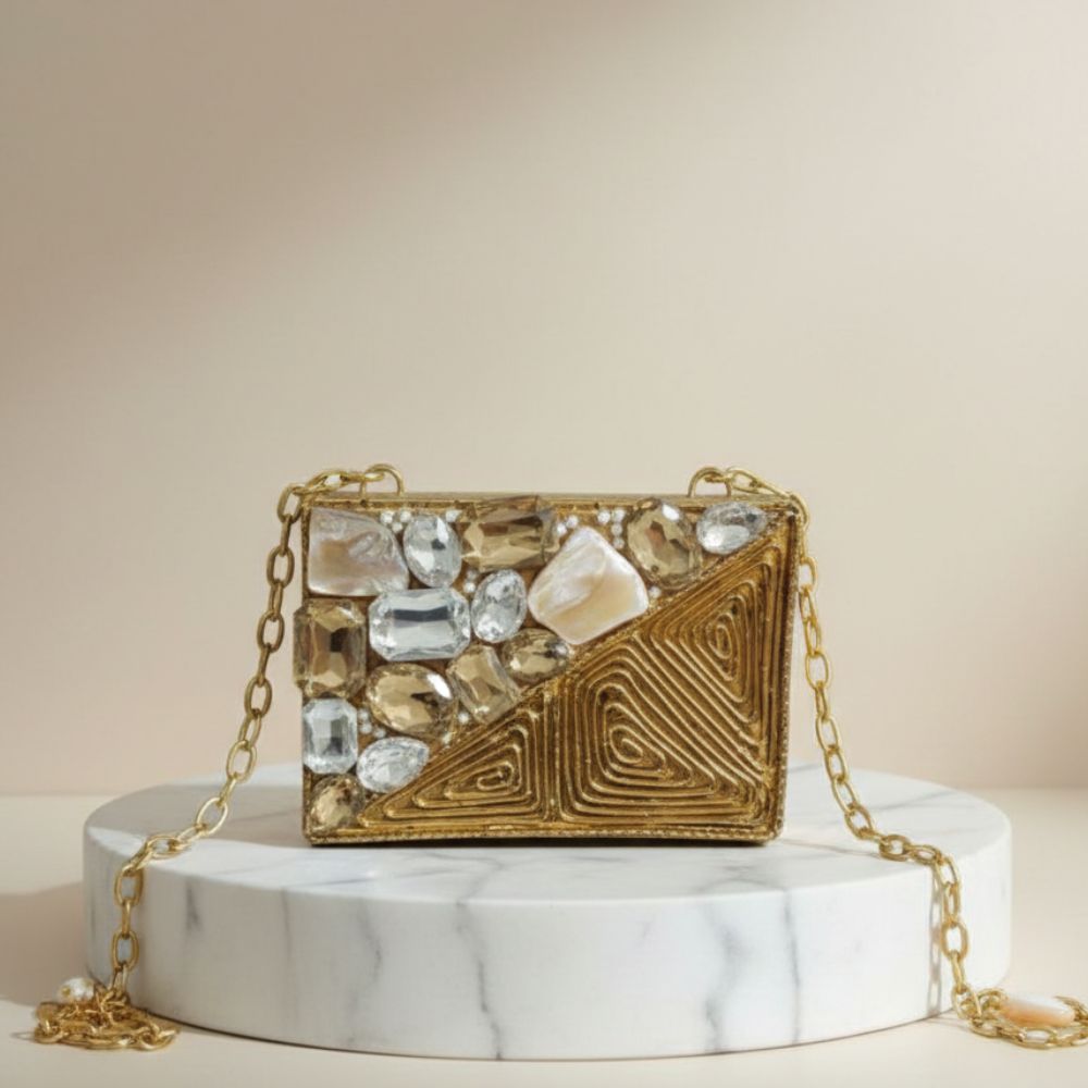 Gold Stone Embellished Designer Box Clutch