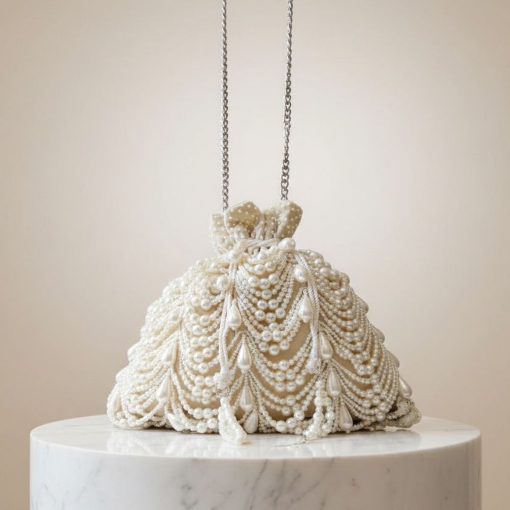 Pearl Potli Bag – Handcrafted Luxury Pearl Embellished Phone-Fit Potli