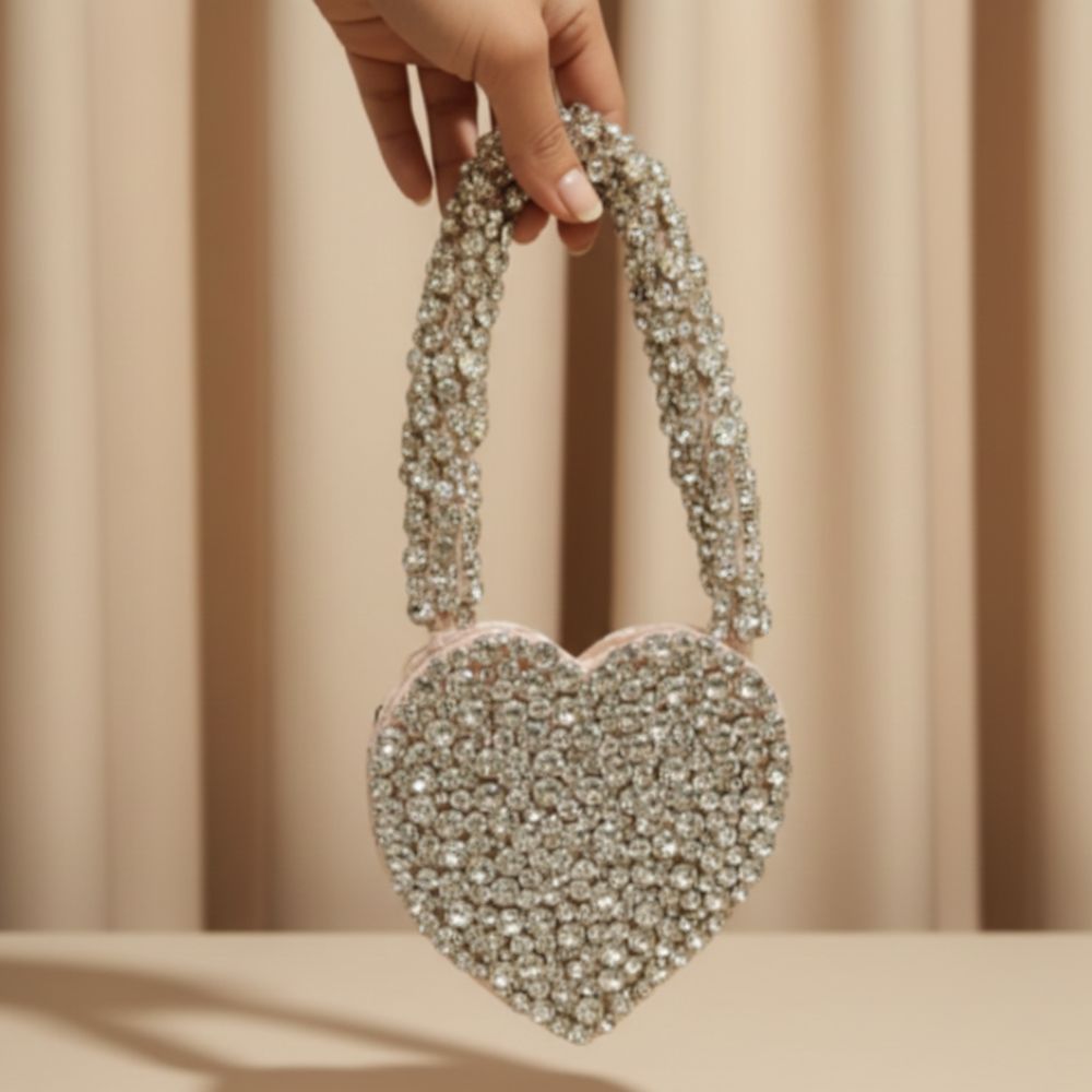 Silver Heart-Shaped Crystal Embellished Designer Bag
