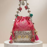 Royal Handcrafted Metal Potli Bag with Coins, Shells & Pom-Pom Detailing