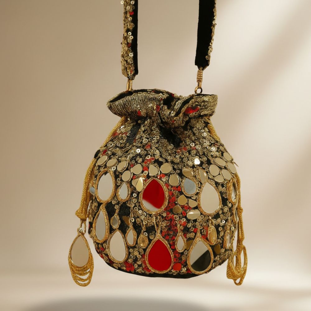Black Shesham Potli – Handcrafted Mirror Work Festive Potli Bag