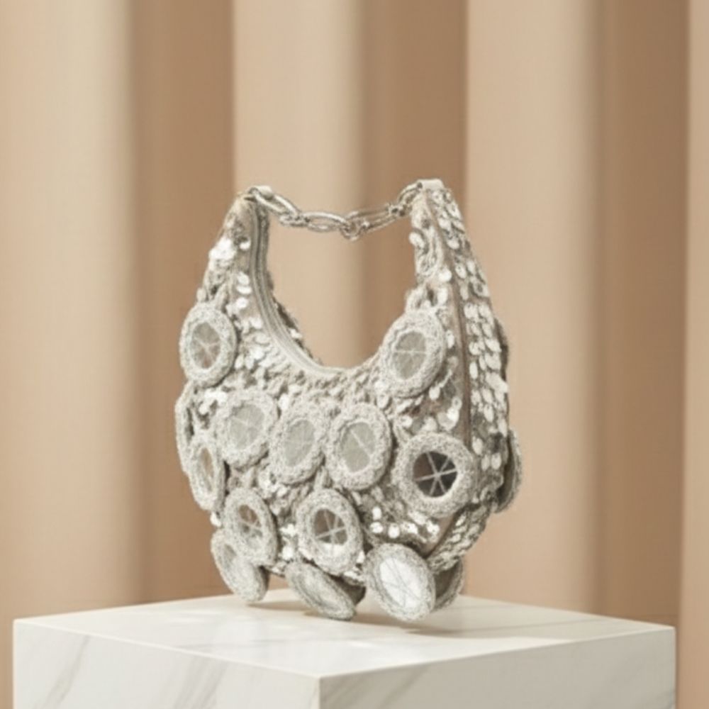 Silver Handcrafted Mirror Work Ethnic Shoulder Bag