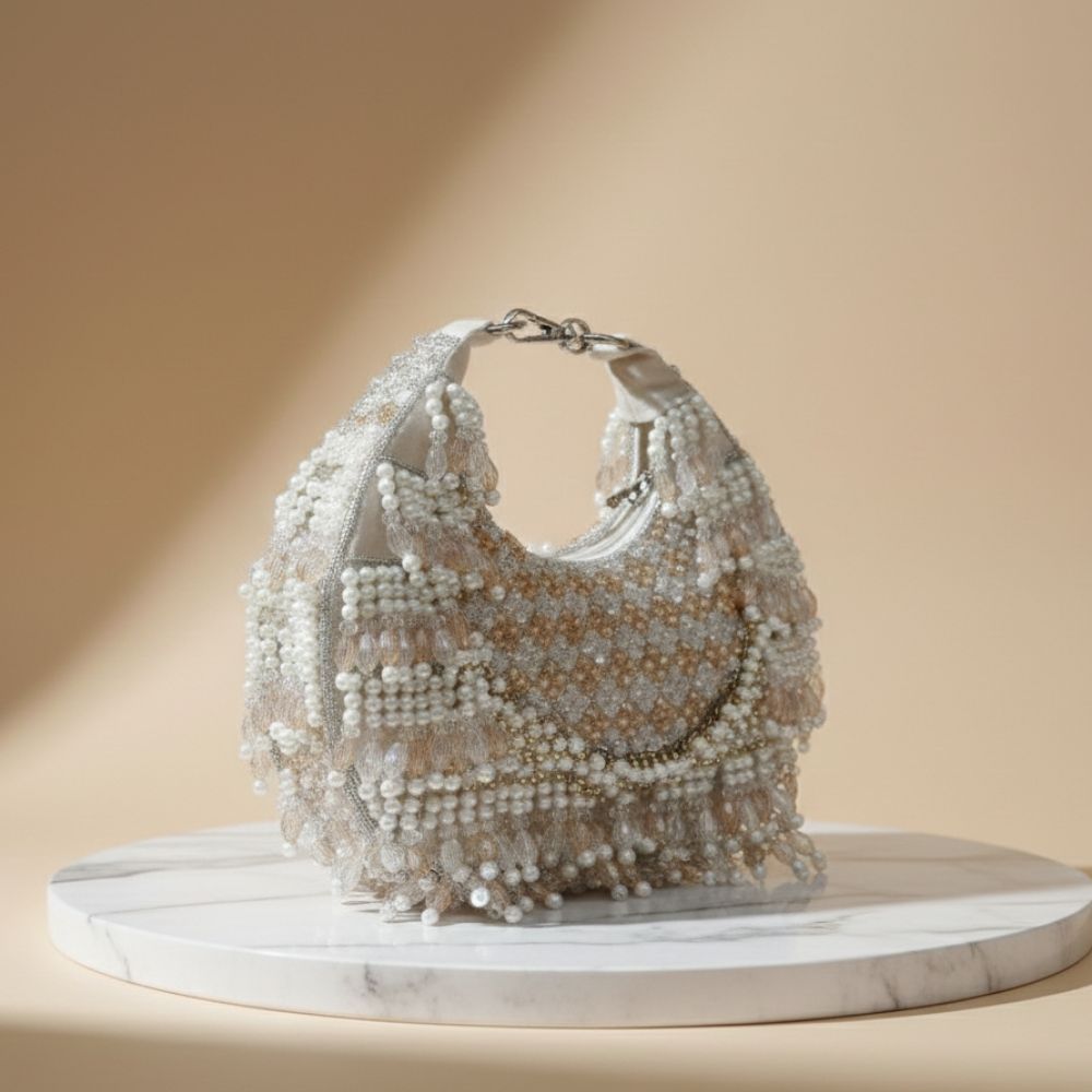 Rooh Crystal & Pearl Handbag | Luxury Velvet Beaded Bag by Mitela