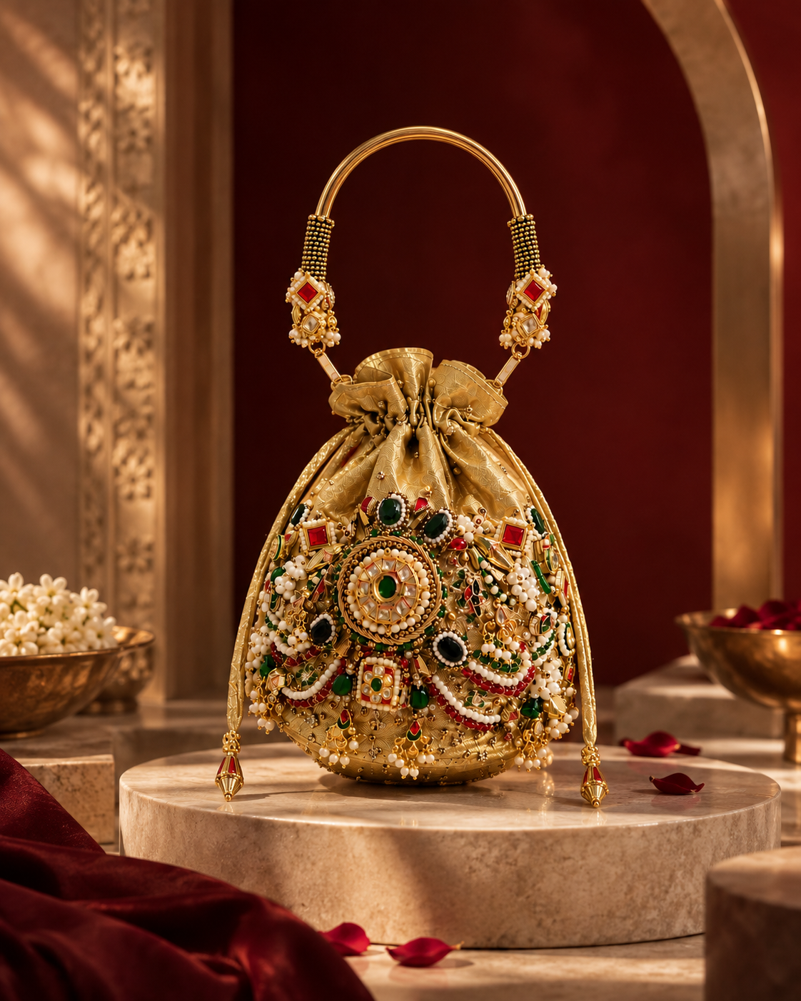 Royal Kundan Pearl Potli Bag | Embellished Bridal & Wedding Handbag