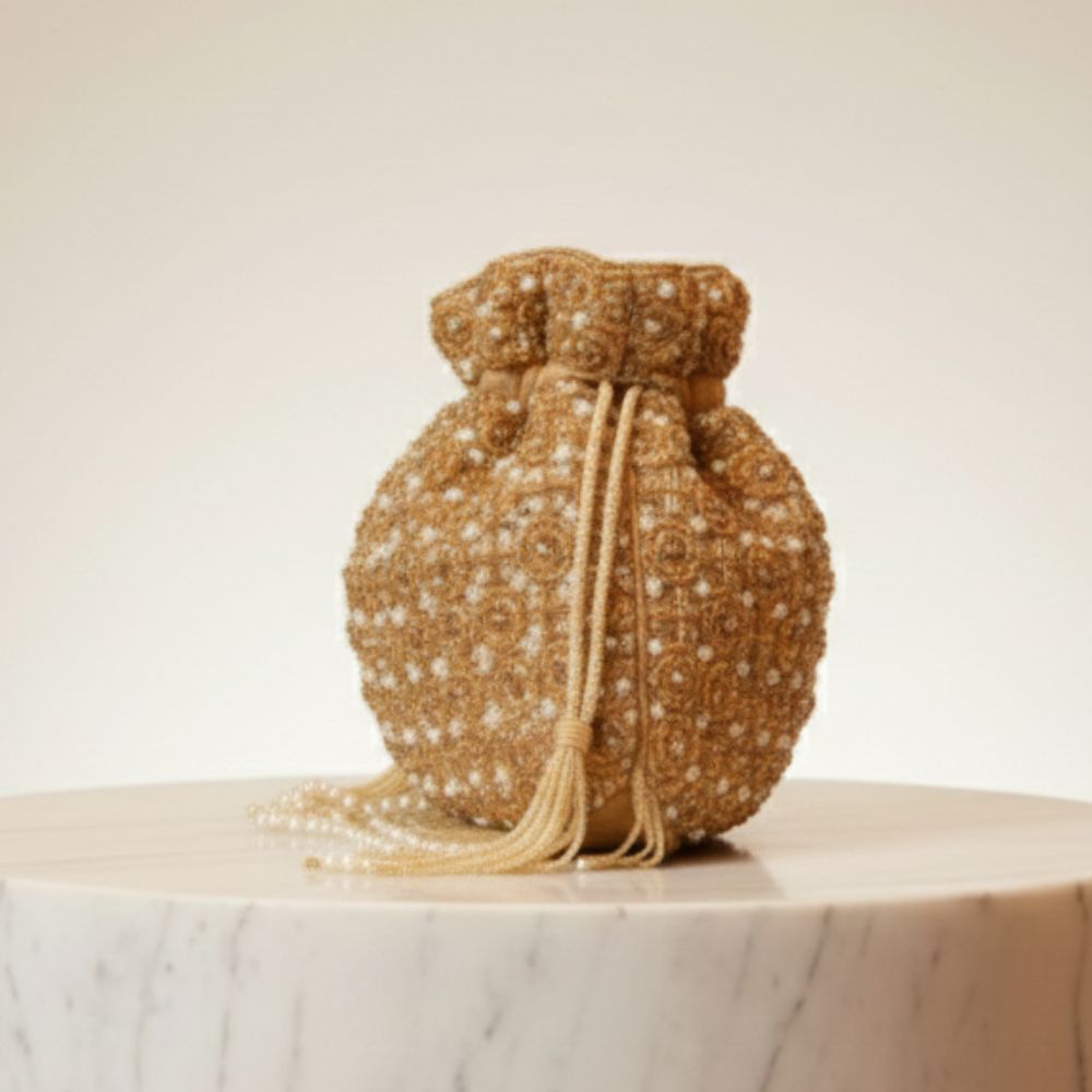 Jodha Handcrafted Potli Bag – Luxury Pearl & Thread Work