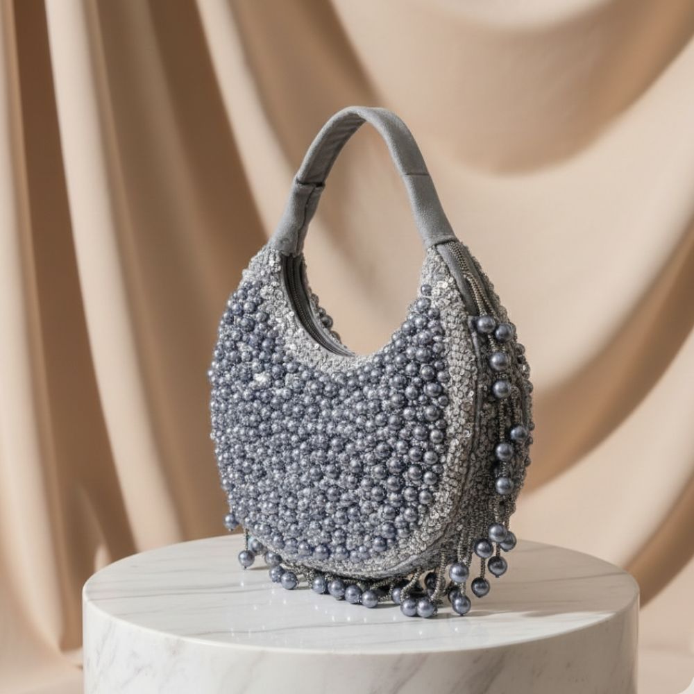 Kainaat Pearl Bag – Handcrafted Velvet Pearl Statement Bag | Mitela Bags