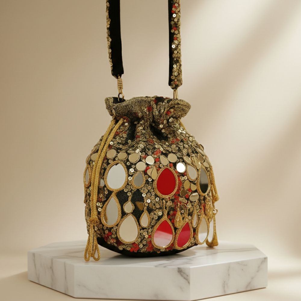 Black Shesham Potli – Handcrafted Mirror Work Festive Potli Bag