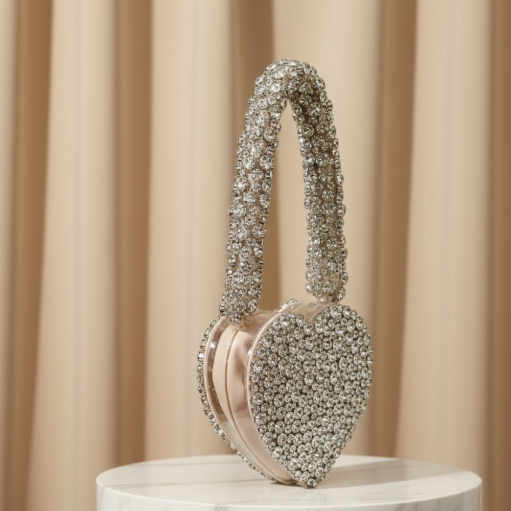 Silver Heart-Shaped Crystal Embellished Designer Bag