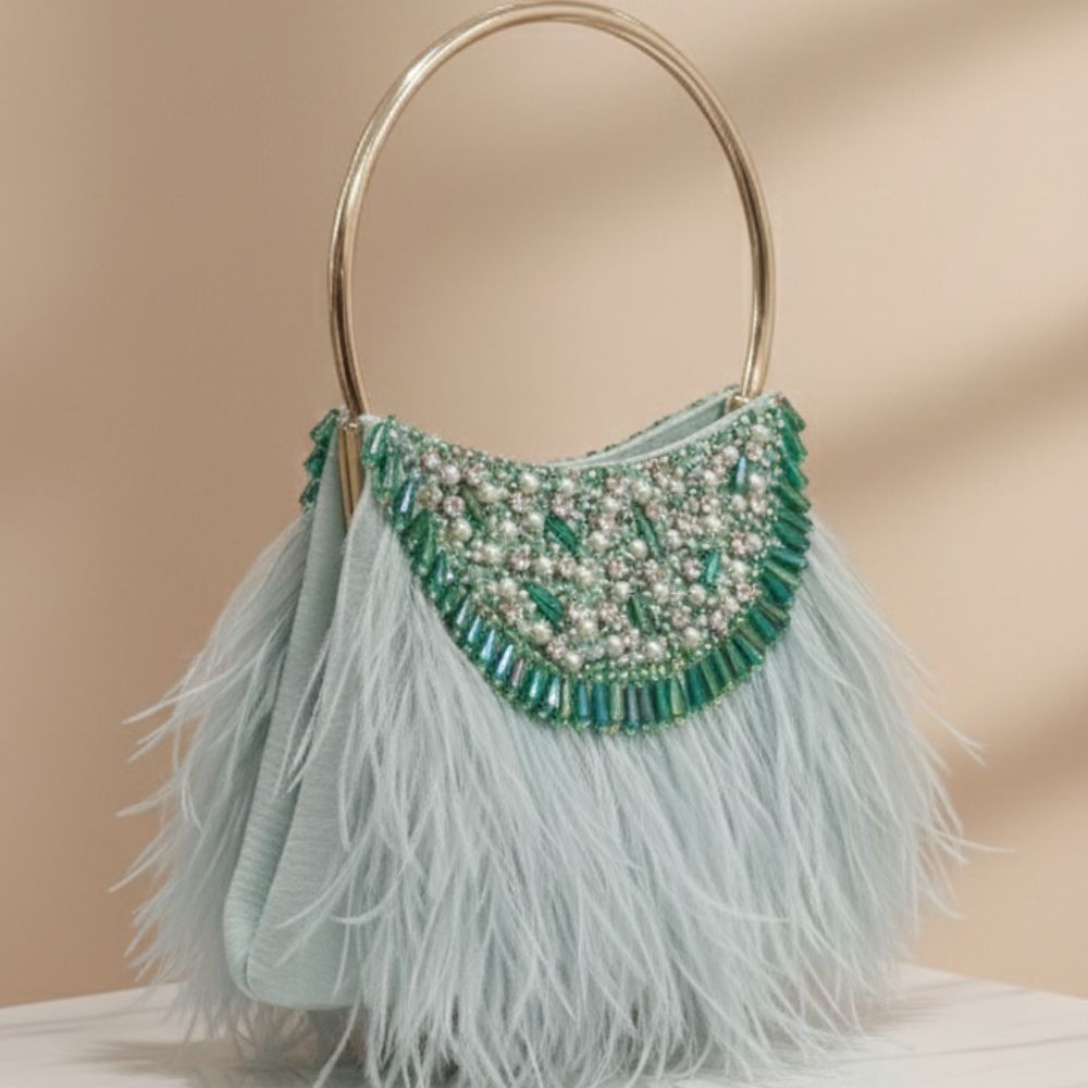 Feather Moon Bag – Handcrafted Pearl & Stone Statement Clutch