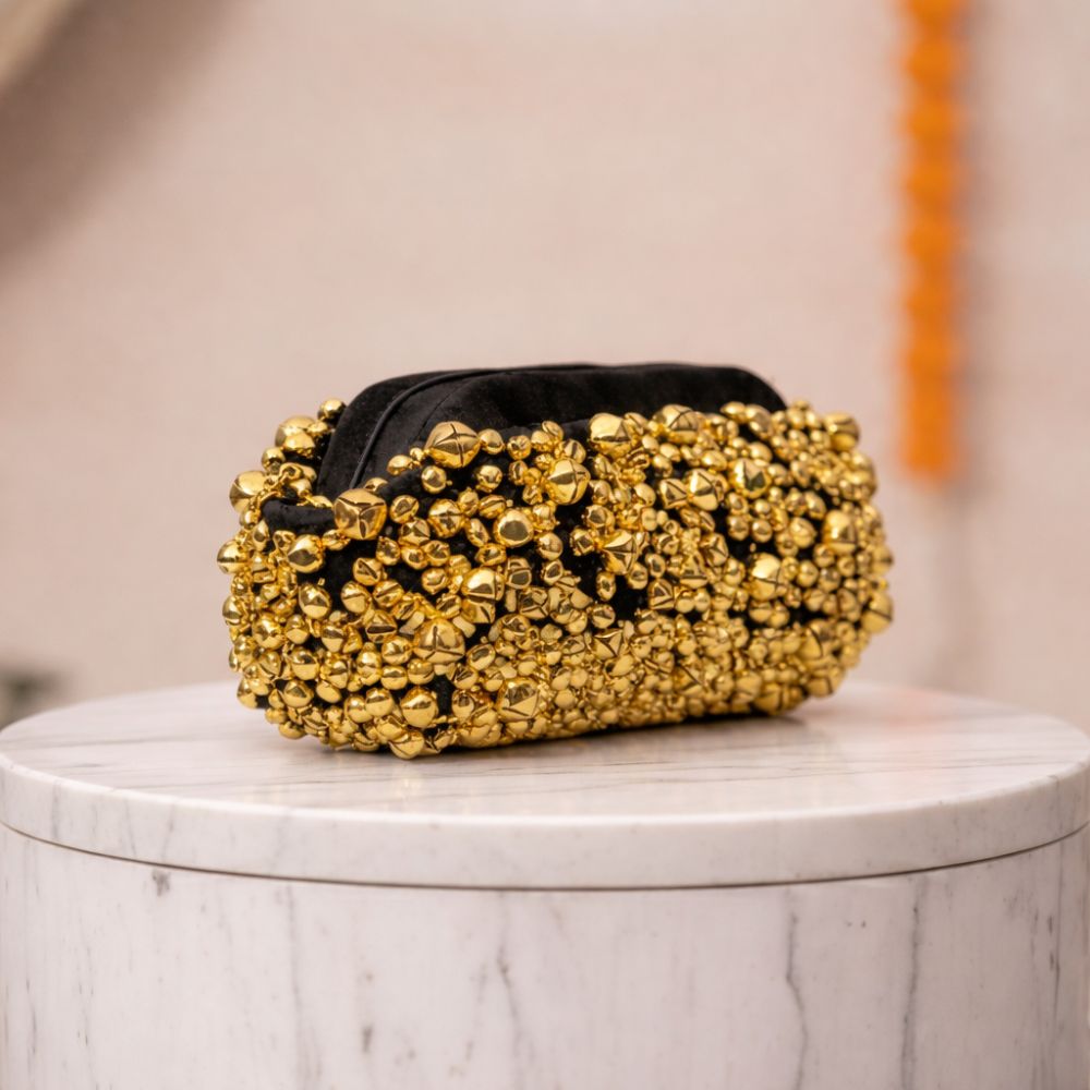 Black Velvet Ghungroo Embellished Evening Clutch