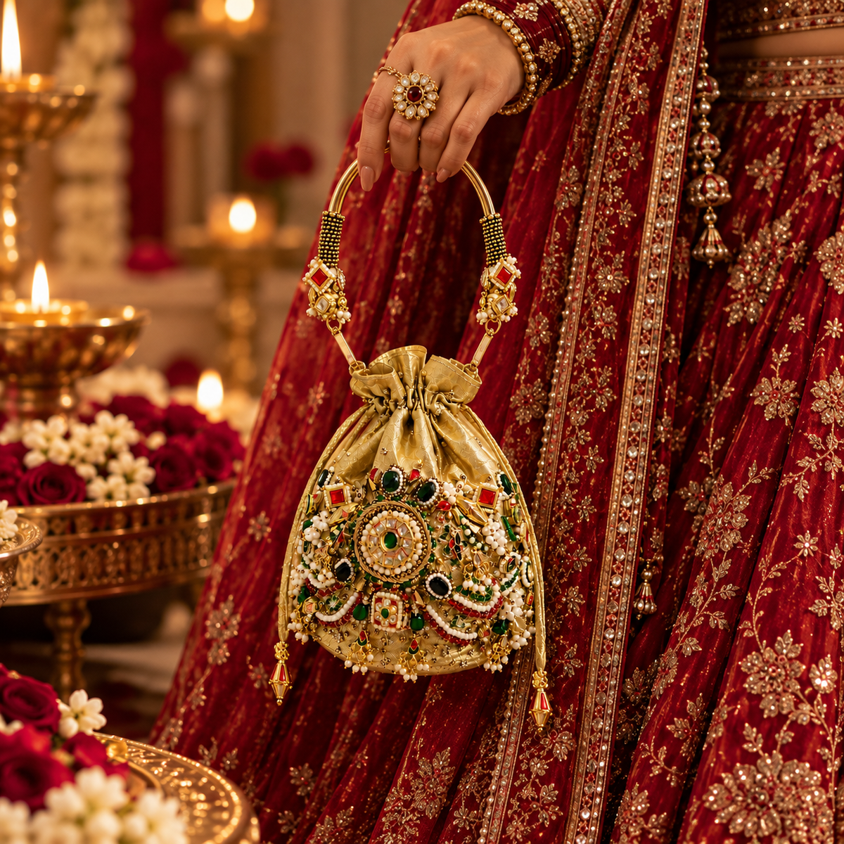 Royal Kundan Pearl Potli Bag | Embellished Bridal & Wedding Handbag