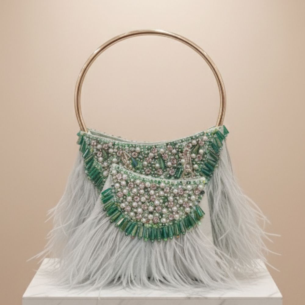 Feather Moon Bag – Handcrafted Pearl & Stone Statement Clutch