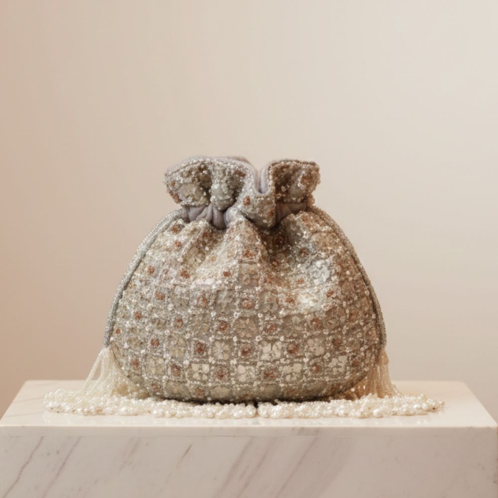 Jodha Handcrafted Potli Bag – Luxury Pearl & Thread Work