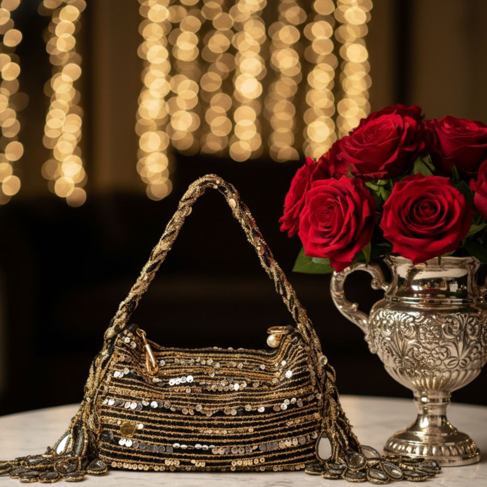 Black Shesham Batua – Handcrafted Mirror Work Evening Potli Bag