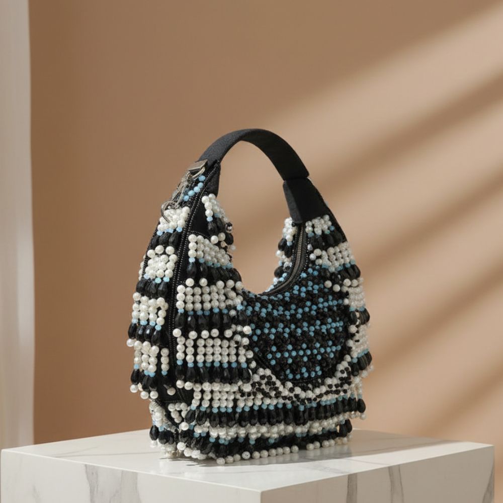 Rooh Crystal & Pearl Handbag | Luxury Velvet Beaded Bag by Mitela