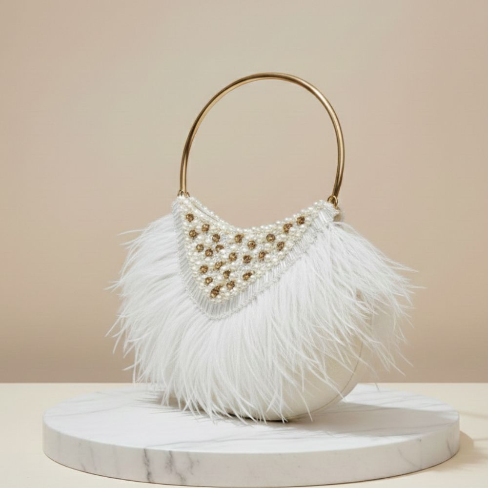 Ivory Feather Pearl Handbag – Luxury Statement Evening Bag