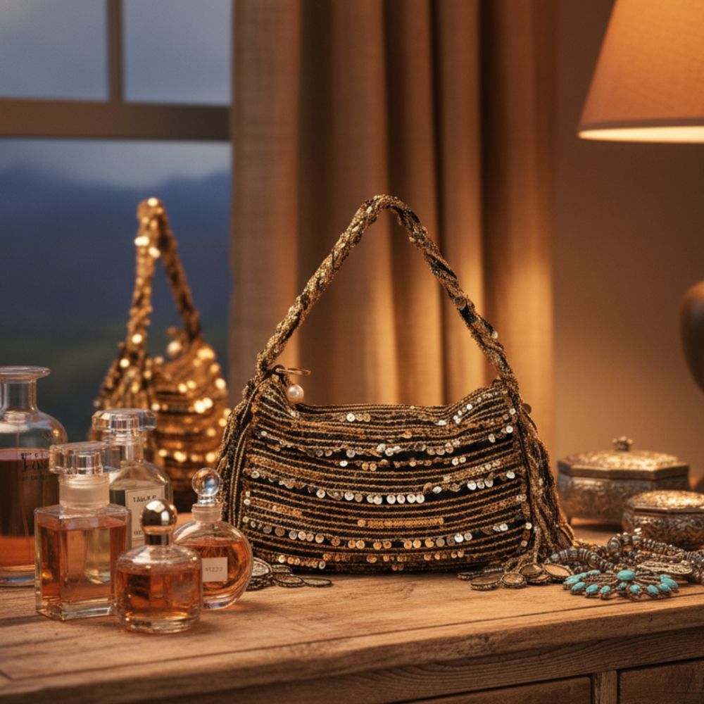 Black Shesham Batua – Handcrafted Mirror Work Evening Potli Bag