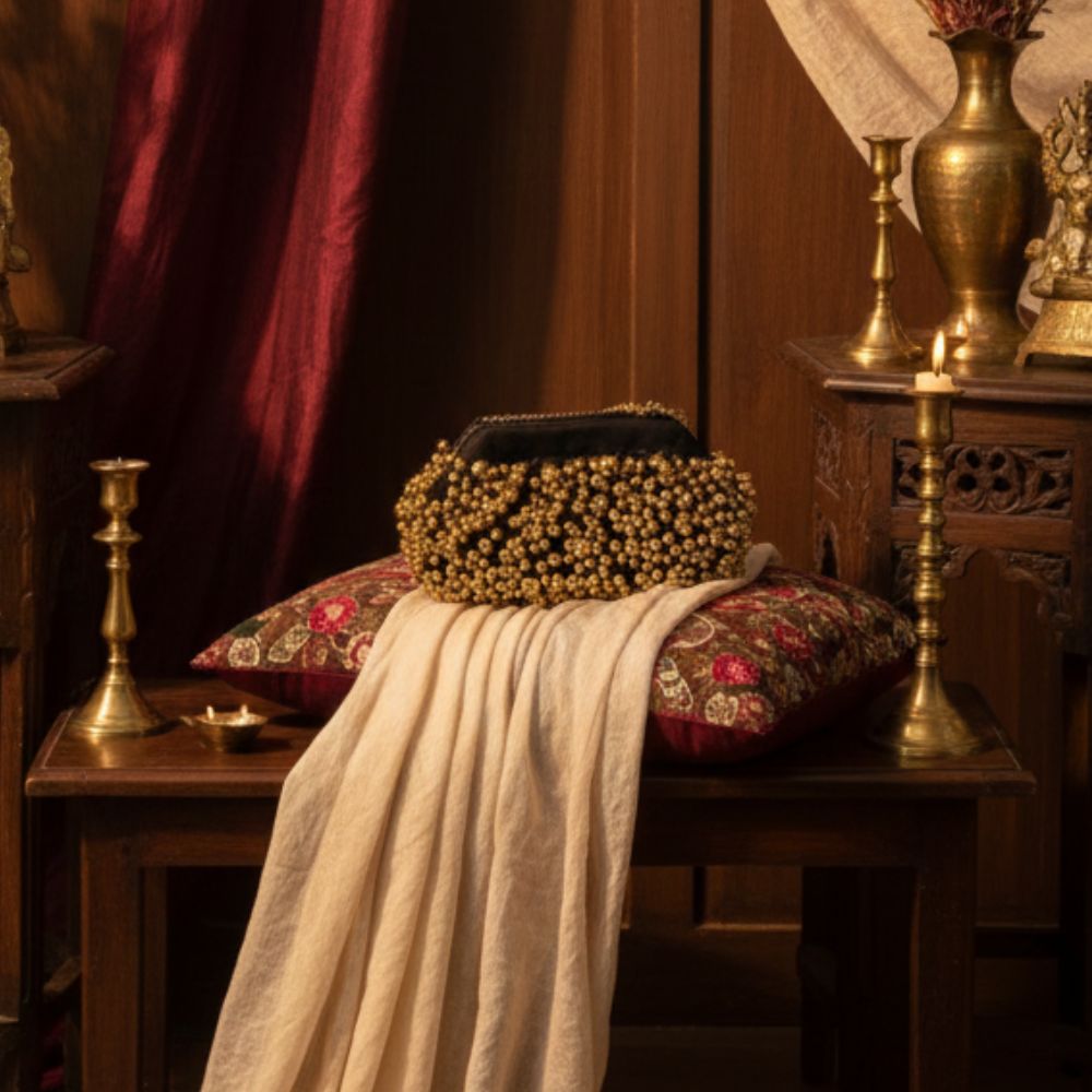 Black Velvet Ghungroo Embellished Evening Clutch