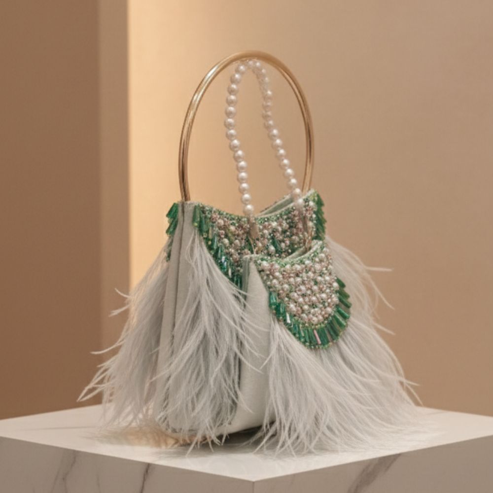 Feather Moon Bag – Handcrafted Pearl & Stone Statement Clutch