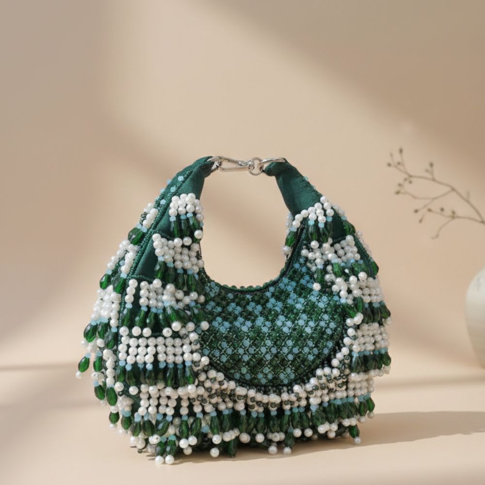 Rooh Crystal & Pearl Handbag | Luxury Velvet Beaded Bag by Mitela