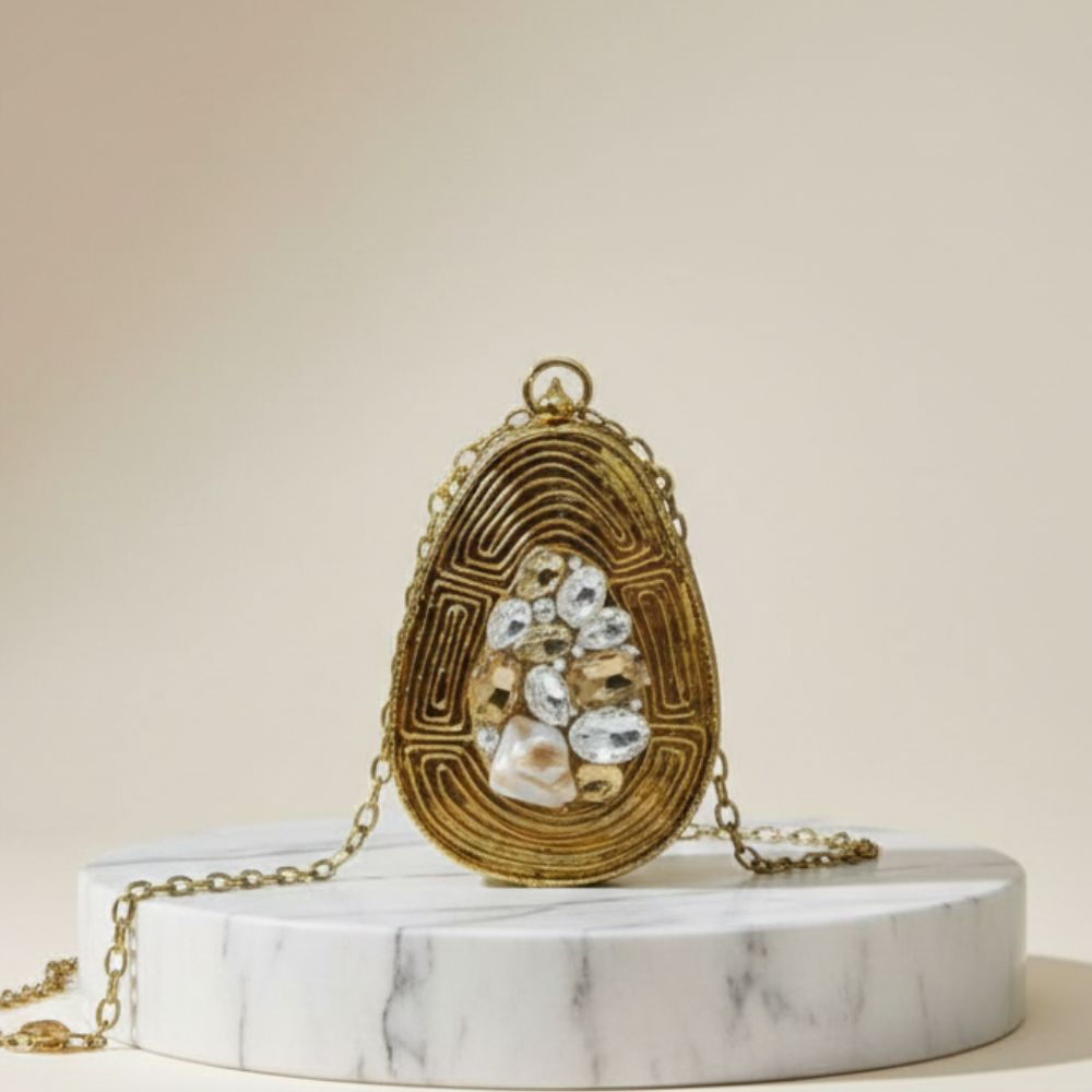 Gold Stone Embellished Designer Box Clutch