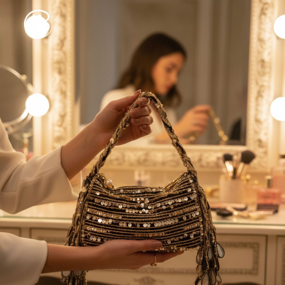 Black Shesham Batua – Handcrafted Mirror Work Evening Potli Bag