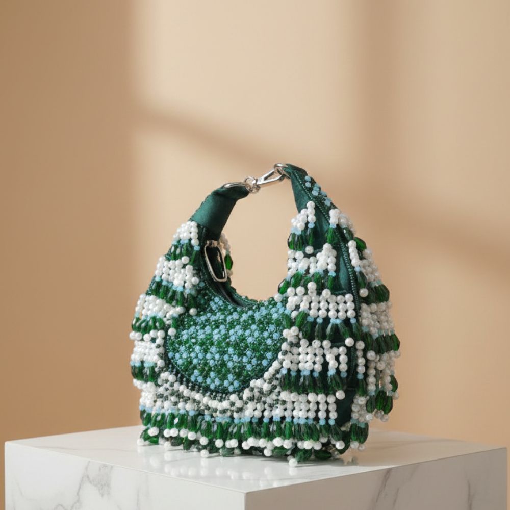 Rooh Crystal & Pearl Handbag | Luxury Velvet Beaded Bag by Mitela