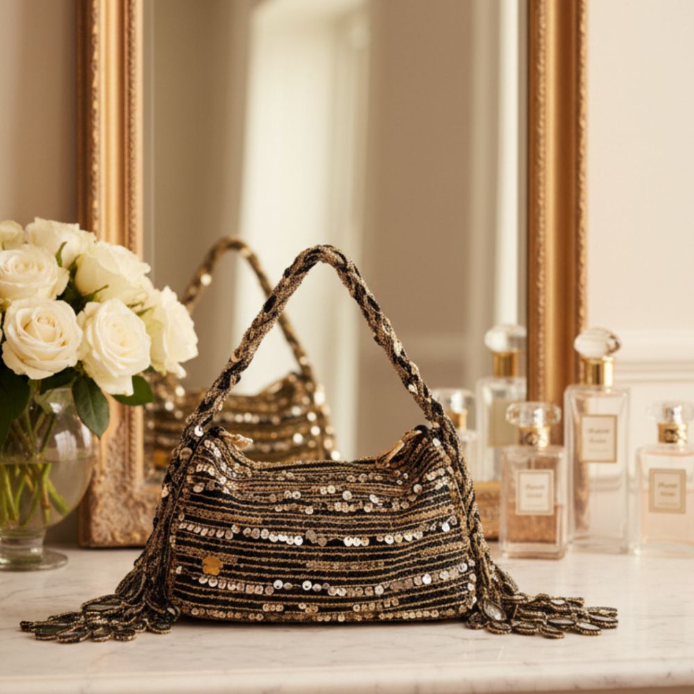 Black Shesham Batua – Handcrafted Mirror Work Evening Potli Bag