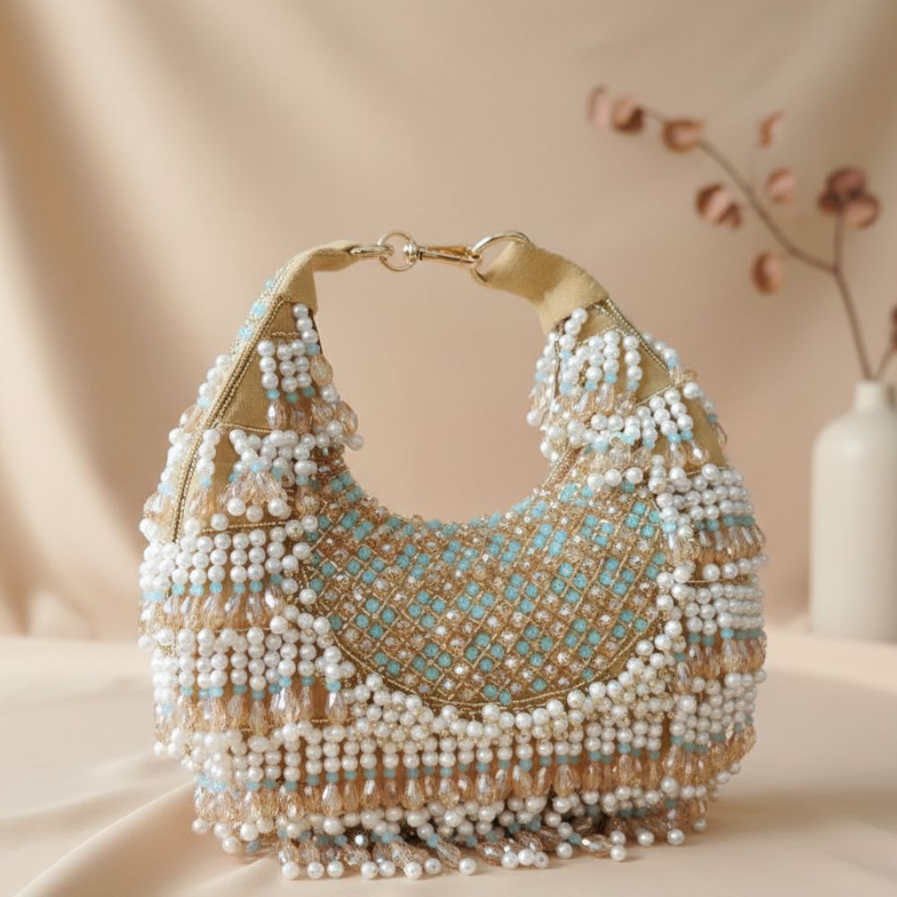 Rooh Crystal & Pearl Handbag | Luxury Velvet Beaded Bag by Mitela