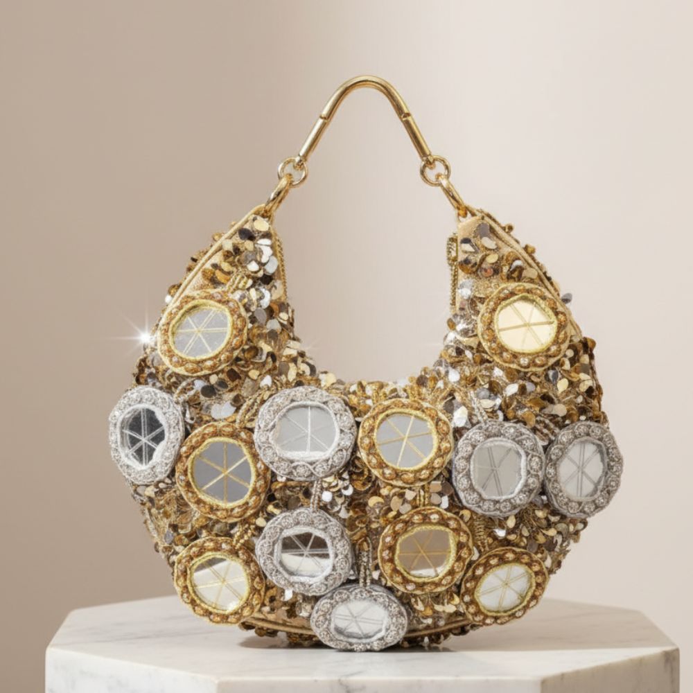 Silver Mirror Moon Bag – Handcrafted Silver Mirror & Stone Embellished Phone-Fit Bag