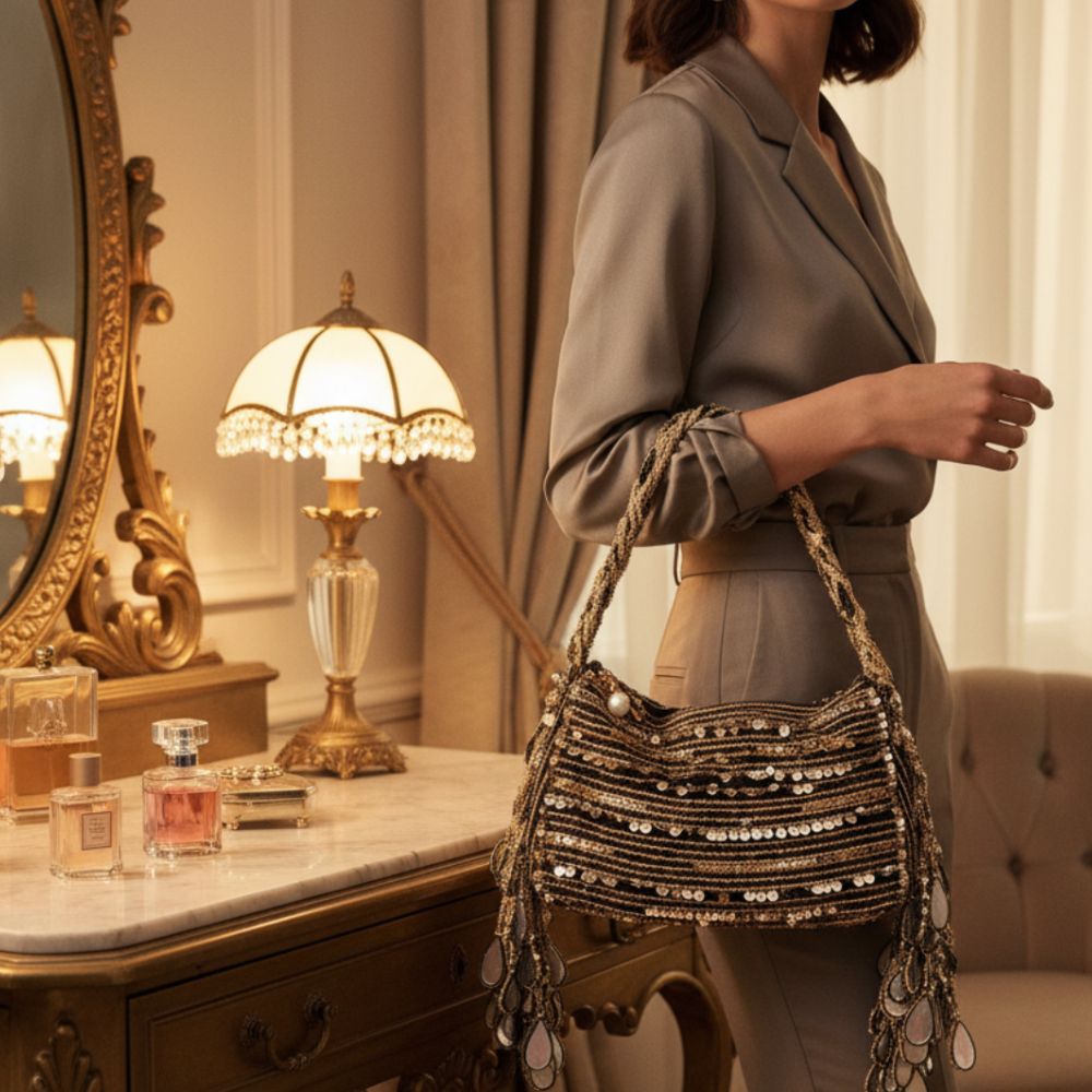 Black Shesham Batua – Handcrafted Mirror Work Evening Potli Bag