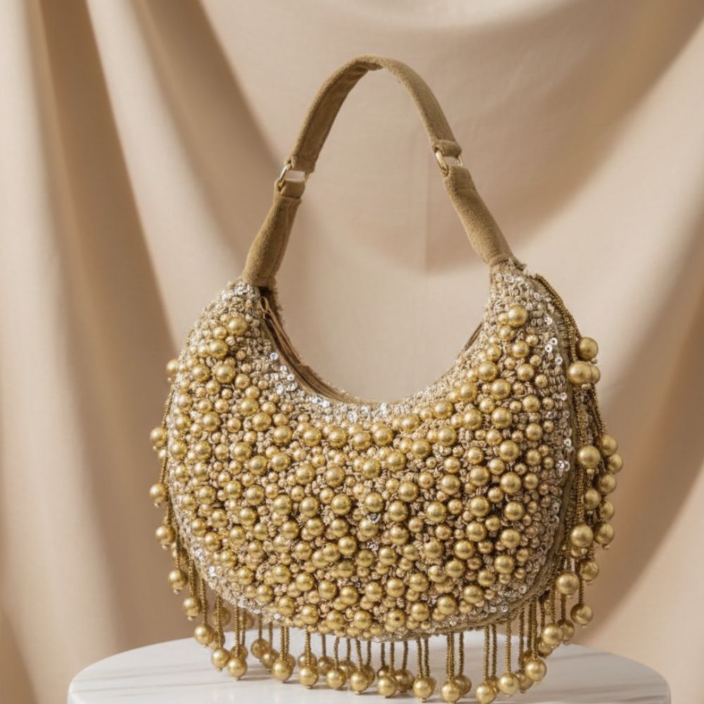Kainaat Pearl Bag – Handcrafted Velvet Pearl Statement Bag | Mitela Bags