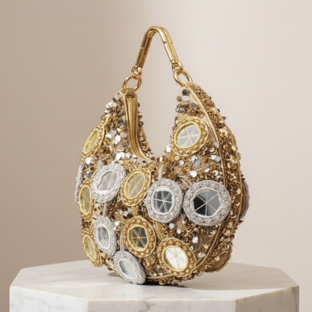 Silver Mirror Moon Bag – Handcrafted Silver Mirror & Stone Embellished Phone-Fit Bag