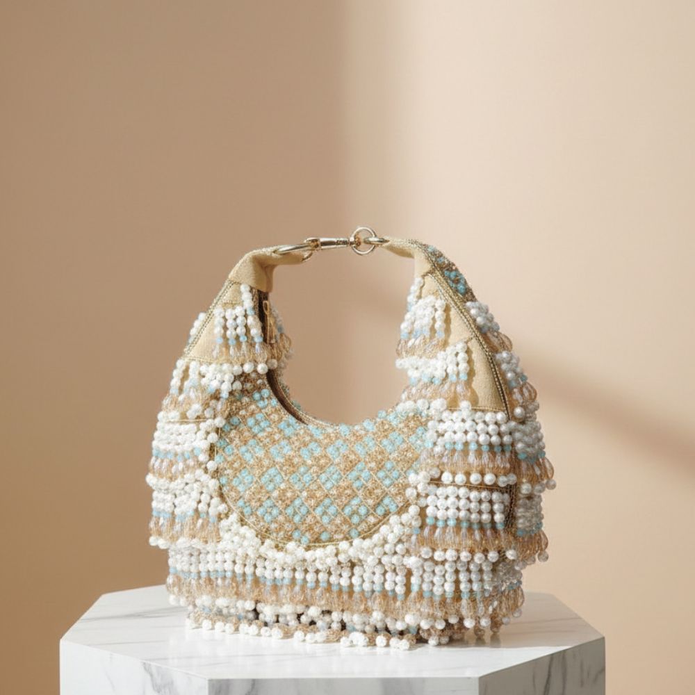 Rooh Crystal & Pearl Handbag | Luxury Velvet Beaded Bag by Mitela