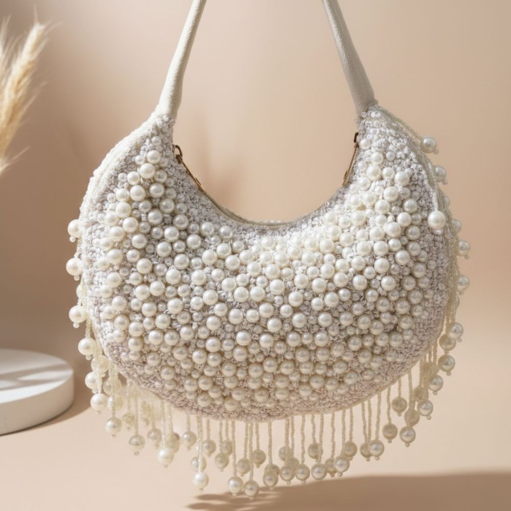 Kainaat Pearl Bag – Handcrafted Velvet Pearl Statement Bag | Mitela Bags