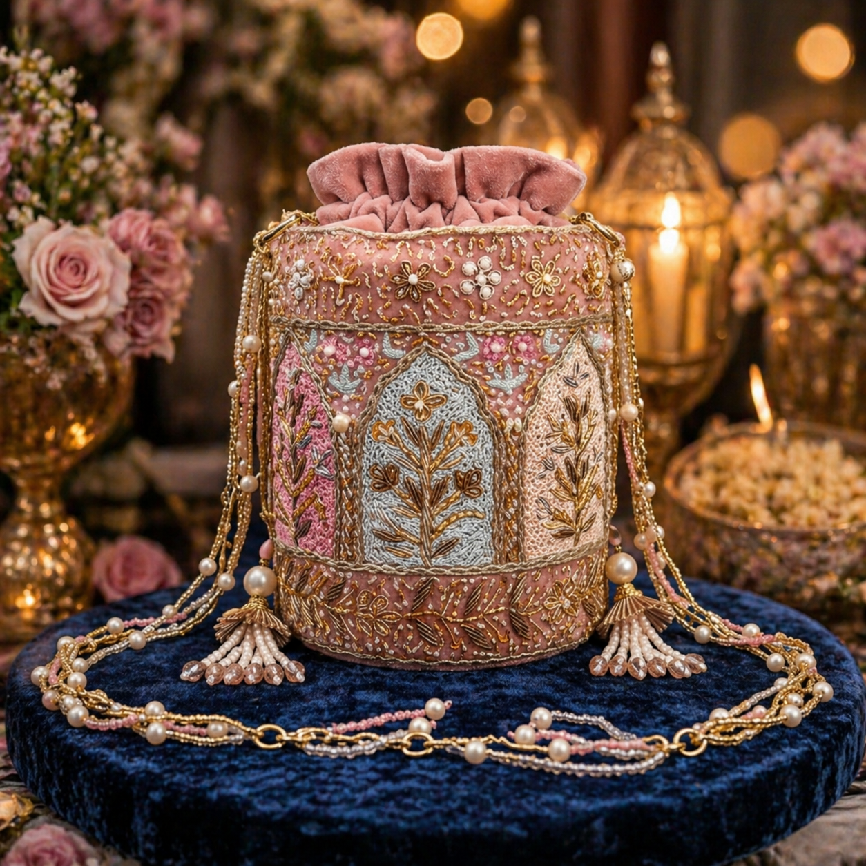 Noor-E-Zari Pink Velvet Handcrafted Potli Bag with Cutdana & Pearl Work