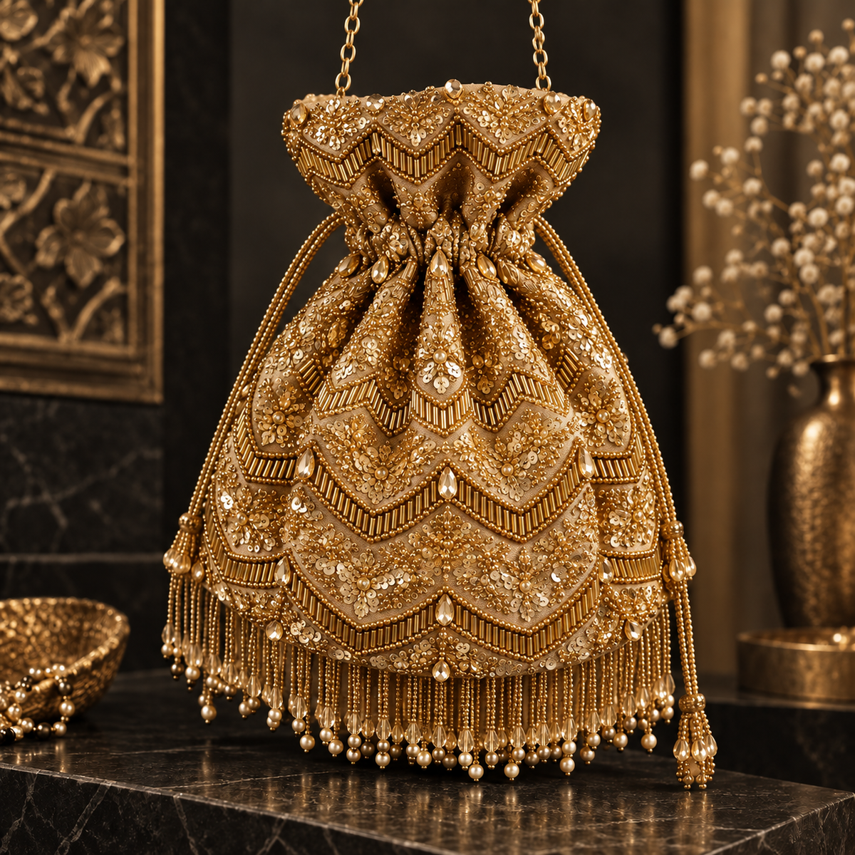 Embroidered Velvet Crystal & Cutdana Potli Bag
