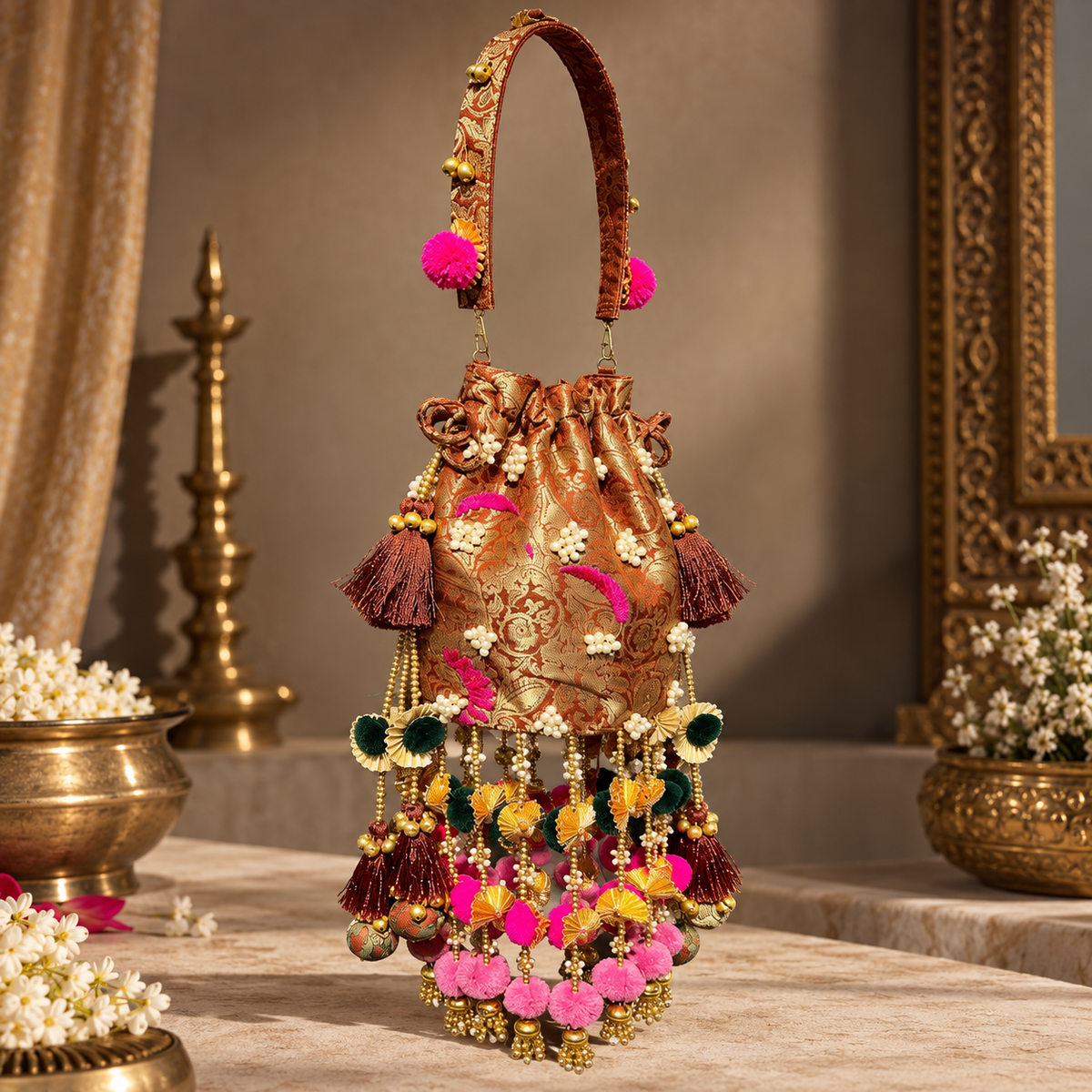 Embellished Silk Potli Bag – Yellow & Green