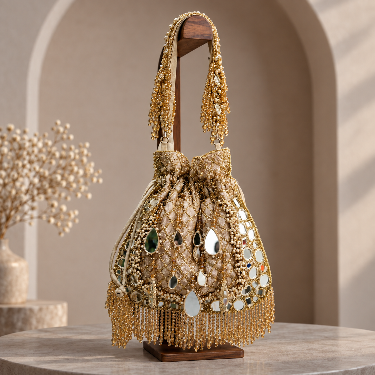 Champagne Gold Crystal Embellished Velvet Potli Bag