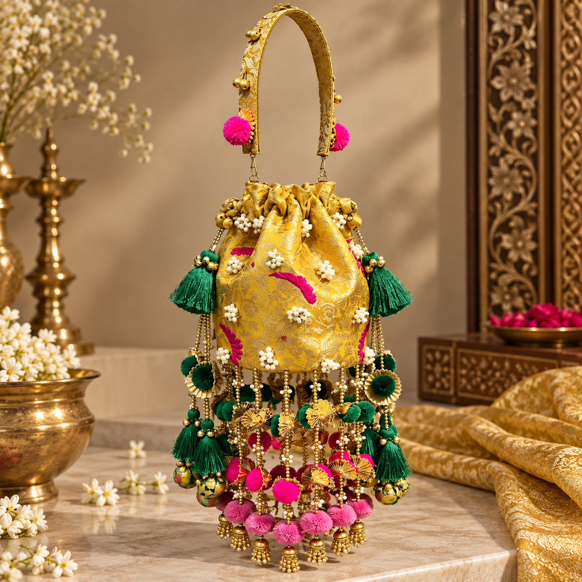Embellished Silk Potli Bag – Yellow & Green